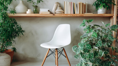 Clean Scandinavian-style space, white chair set against a wooden shelf with lush green plant, neutral backdrop and soft lightingの素材