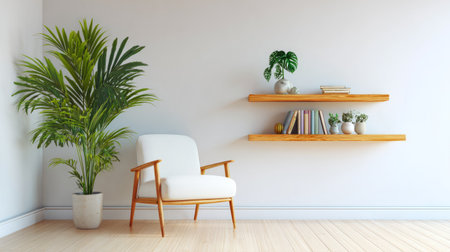 Bright minimalist room, white chair near wooden shelf with vibrant green plant, calm atmosphere and Scandinavian design touchの素材