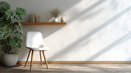 Elegant minimalist room featuring white chair, wooden shelf, and green plant, sunlight filtering through, serene and balanced compositionの素材