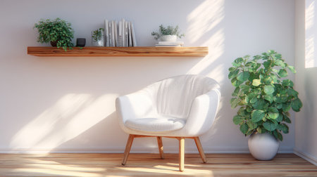 Cozy reading nook with white chair, wooden shelf displaying lush green plant, soft shadows, and a calm minimalist aestheticの素材