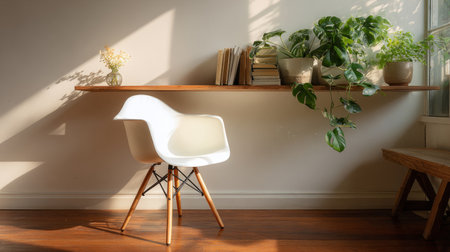 White modern chair and wooden shelf with green plant, natural sunlight highlighting textures, minimalist home design inspirationの素材