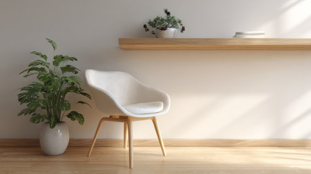 Minimalist modern corner, white chair beneath wooden shelf, leafy green plant adding vibrance, soft warm daylight for a cozy moodの素材