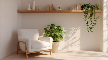 Cozy reading nook with white chair, wooden shelf displaying lush green plant, soft shadows, and a calm minimalist aestheticの素材