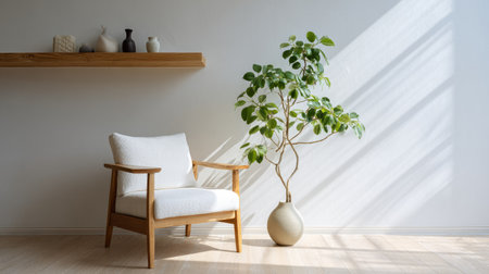 Minimalist living room featuring a sleek white chair beside a wooden shelf with a vibrant green plant, soft natural light casting subtle shadowsの素材