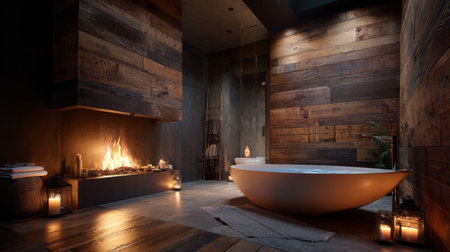 Cozy modern Scandinavian bathroom with a fireplace, wood-paneled walls, freestanding tub, and flickering candlelight creating a spa ambianceの素材
