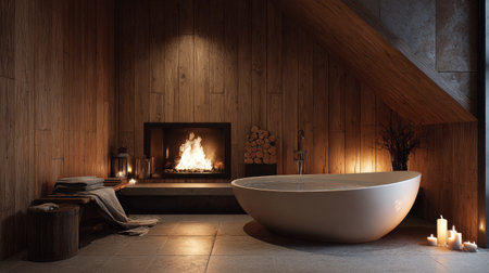 Cozy modern Scandinavian bathroom with a fireplace, wood-paneled walls, freestanding tub, and flickering candlelight creating a spa ambianceの素材