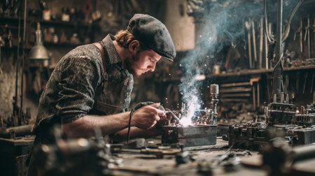 Skilled artisan welding small detailed parts, workshop filled with tools, balance of skill and technologyの素材