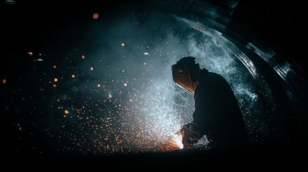 Industrial metal fabrication shop, welder working on precision machinery, dramatic contrast of sparks and shadowsの素材