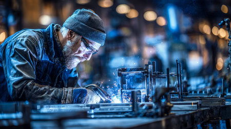 Industrial workshop with experienced welder assembling complex machines, safety gear, glowing weld pointの素材