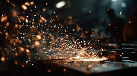 Intense welding scene with protective sparks, focus on detailed craftsmanship and precision engineeringの素材