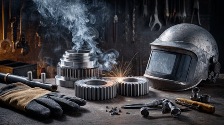 Welding precision gears and machine parts, protective gloves and helmet, workshop filled with tools and equipmentの素材