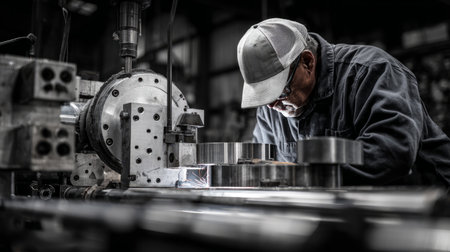 Fabricator welding advanced machinery parts, attention to alignment and perfection, high-end industrial settingの素材