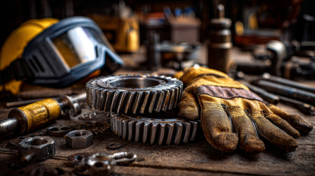 Welding precision gears and machine parts, protective gloves and helmet, workshop filled with tools and equipmentの素材