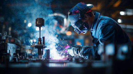 Metalworker using advanced welding techniques on industrial equipment, focus on accuracy, high-tech factory backdropの素材