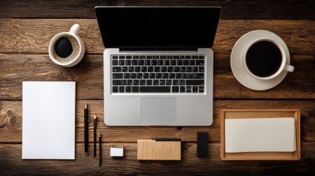 Wooden desk top view with stylish laptop, freshly brewed black coffee, assorted stationery, simple and elegant flat lay compositionの素材