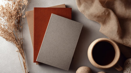 Clean flat lay with earthy toned notebooks, simple coffee cup, natural textures, peaceful compositionの素材