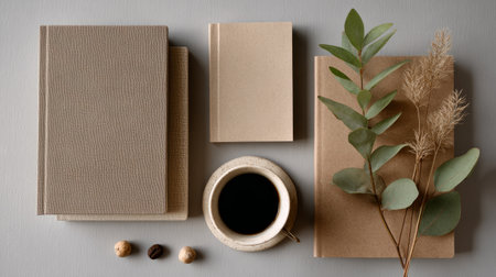 Clean flat lay with earthy toned notebooks, simple coffee cup, natural textures, peaceful compositionの素材