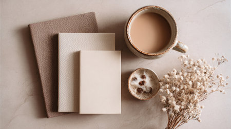 Aesthetic workspace setup with taupe and cream notebooks, warm latte, natural textures, minimalist vibeの素材
