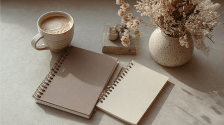 Aesthetic workspace setup with taupe and cream notebooks, warm latte, natural textures, minimalist vibeの素材