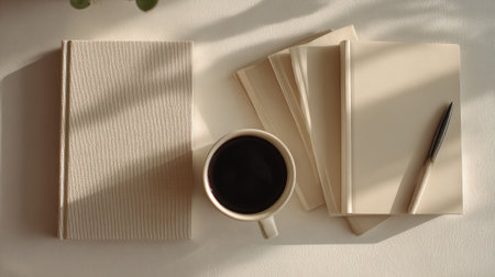 Minimal flat lay with cream-colored notebooks, black coffee, soft light, neutral background, peaceful and clean designの素材
