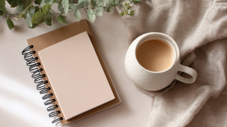 Elegant workspace flat lay, notebooks and cup of coffee, light neutral palette, airy and peaceful sceneの素材