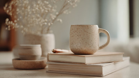 Elegant neutral workspace setup, notebook stack, ceramic coffee mug, natural textures, calm and serene atmosphereの素材