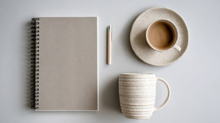 Scandinavian-inspired workspace, neutral notebooks, coffee cup, simple and calming layout, modern minimalist designの素材