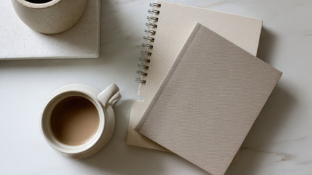 Scandinavian-inspired workspace, neutral notebooks, coffee cup, simple and calming layout, modern minimalist designの素材