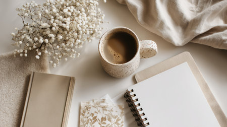 Elegant workspace flat lay, notebooks and cup of coffee, light neutral palette, airy and peaceful sceneの素材
