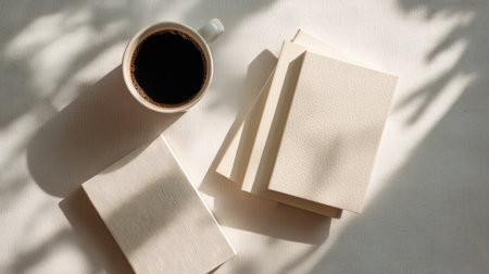 Minimal flat lay with cream-colored notebooks, black coffee, soft light, neutral background, peaceful and clean designの素材