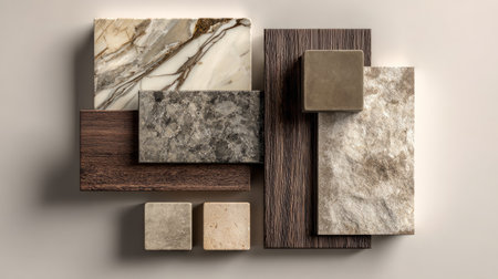 Elegant flat lay of earthy materials, smooth marble, textured wood, natural stone, soft diffused lighting, Pinterest design trendの素材