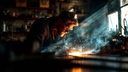 Experienced fabricator welding heavy-duty machinery parts, dramatic lighting, sparks illuminating dark workshop, attention to detailの素材