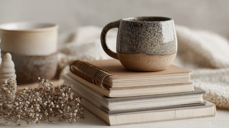 Elegant neutral workspace setup, notebook stack, ceramic coffee mug, natural textures, calm and serene atmosphereの素材