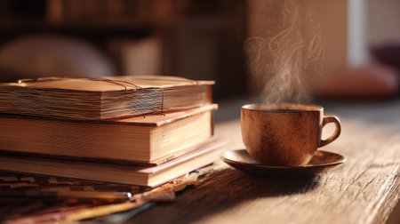 Warm-toned office scene, notebook stack, steaming cup of coffee, natural wood textures, cozy and tranquil workspaceの素材