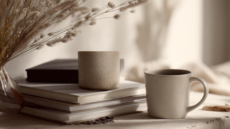 Elegant neutral workspace setup, notebook stack, ceramic coffee mug, natural textures, calm and serene atmosphereの素材