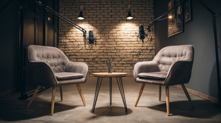 Chic podcast studio layout with two modern chairs facing central microphone, soft ambient light, and stylish professional backdropの素材