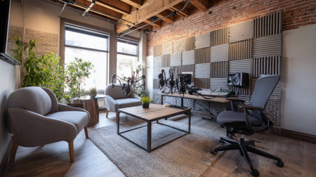 High-end podcasting space with premium microphones, acoustic panels, and designer chairs, vibrant modern studio interior, perfect for professional broadcastingの素材