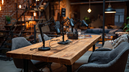 Cozy podcasting environment with wooden table, studio microphones, comfortable chairs, warm industrial loft design, creative modern workspaceの素材