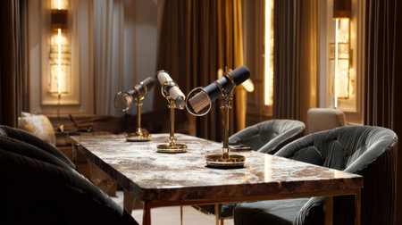 Luxury podcast recording room with marble table, designer microphones, plush velvet chairs, and golden light accentsの素材