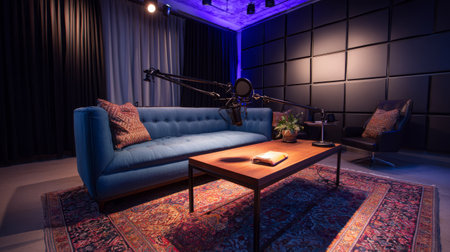 Cozy podcast studio with stylish furniture, central microphone on table, ambient light accents, and a sleek modern atmosphereの素材