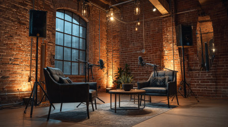 Industrial modern podcast studio with exposed brick walls, matte black microphones, trendy chairs, and warm moody lightingの素材