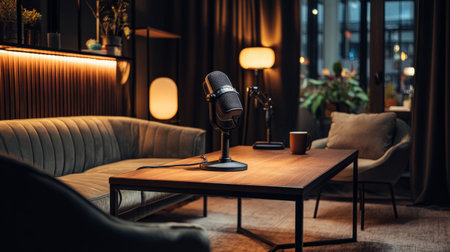 Cozy podcast studio with stylish furniture, central microphone on table, ambient light accents, and a sleek modern atmosphereの素材