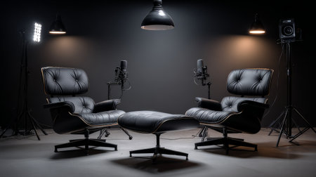 Elegant podcasting setup featuring matte black equipment, minimal design, luxurious chairs, and soft directional studio lightsの素材