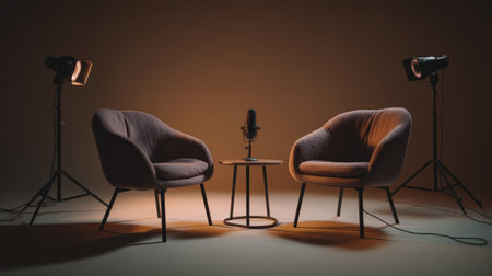 Minimalist podcasting setup featuring two modern chairs, single microphone, soft warm lighting, and simple neutral-toned backdropの素材