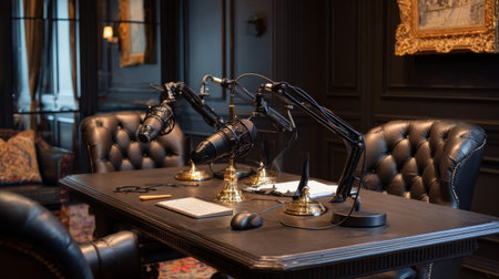 Elegant podcasting space with black and gold microphones, leather chairs, sophisticated interior design, soft studio lighting, upscale broadcast roomの素材
