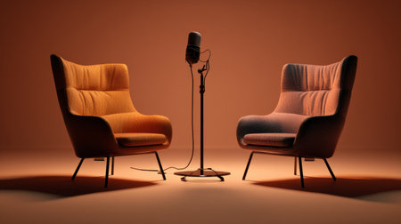 Modern podcast recording space with two designer chairs facing each other, central microphone, warm lighting, clean minimal backdropの素材