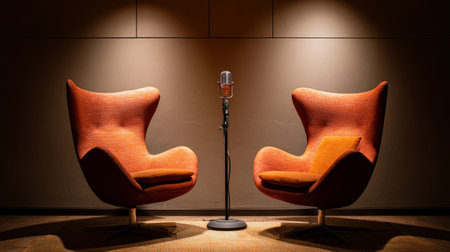 Modern podcast recording space with two designer chairs facing each other, central microphone, warm lighting, clean minimal backdropの素材