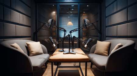 Professional podcast setup with condenser microphones, sleek furniture, soundproof walls, stylish broadcast room with contemporary designの素材