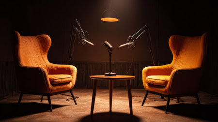 Sleek podcast studio featuring two elegant chairs and a central microphone, warm ambient lighting, modern minimal design, sophisticated professional vibeの素材