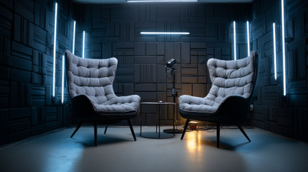 Professional podcast environment featuring two modern chairs, single microphone, dynamic LED lighting, clean sharp backdropの素材